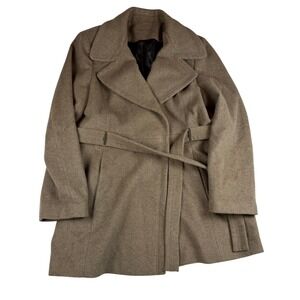 Calvin Klein Womens Wool Blend Belted Wrap Coat Tan Brown Brown RN54163